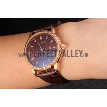 Patek Philippe Calatrava Roze Gold Ribbed Bezel Brown Leather Bracelet 801433