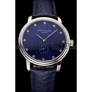 Cheap Patek Philippe Calatrava Blue Guilloche Dial Stainless Steel Case Blue Leather Strap