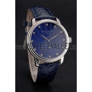 Cheap Patek Philippe Calatrava Blue Guilloche Dial Stainless Steel Case Blue Leather Strap