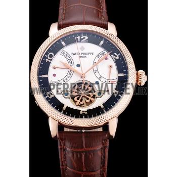 Cheap Patek Philippe  Tourbillon Power Reserve Black And White Dial Rose Gold Case Brown Leather Strap