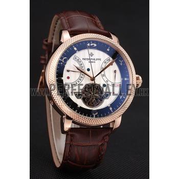 Cheap Patek Philippe  Tourbillon Power Reserve Black And White Dial Rose Gold Case Brown Leather Strap