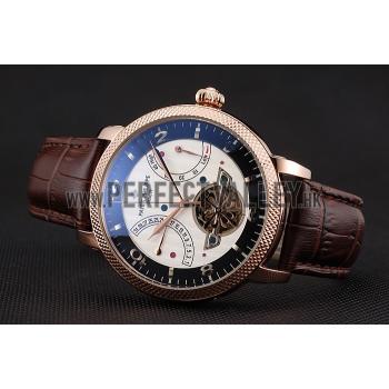 Cheap Patek Philippe  Tourbillon Power Reserve Black And White Dial Rose Gold Case Brown Leather Strap