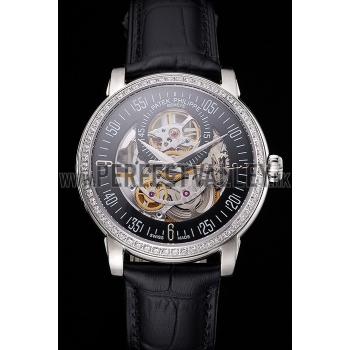 Swiss Patek Philippe Complications Openworked Dial Stainless Steel Case Diamond Bezel Black Leather Strap