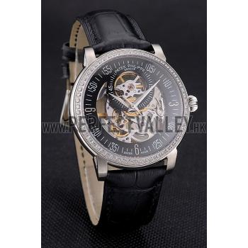 Swiss Patek Philippe Complications Openworked Dial Stainless Steel Case Diamond Bezel Black Leather Strap