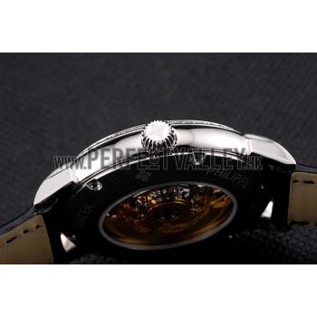 Swiss Patek Philippe Complications Openworked Dial Stainless Steel Case Diamond Bezel Black Leather Strap