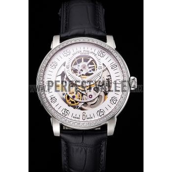 Swiss Patek Philippe Complications Openworked Dial Diamond Bezel Stainless Steel Case Black Leather Strap