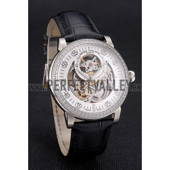 Swiss Patek Philippe Complications Openworked Dial Diamond Bezel Stainless Steel Case Black Leather Strap