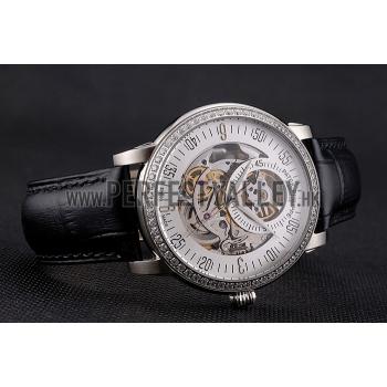 Swiss Patek Philippe Complications Openworked Dial Diamond Bezel Stainless Steel Case Black Leather Strap