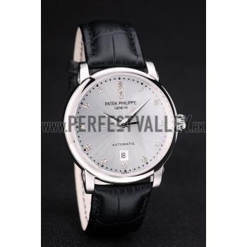 Patek Philippe Swiss Calatrava Polished Bezel Grey Dial Black Leather Strap 7659 Replica