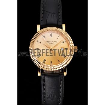 Patek Philippe Calatrava Gold Dial Roman Numerals Double Ribbed Bezel Gold Case Black Leather Strap