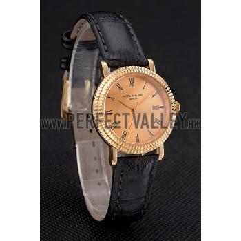 Patek Philippe Calatrava Gold Dial Roman Numerals Double Ribbed Bezel Gold Case Black Leather Strap