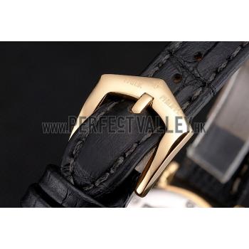 Patek Philippe Calatrava Gold Dial Roman Numerals Double Ribbed Bezel Gold Case Black Leather Strap