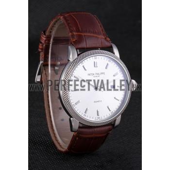 Replica Patek Philippe Calatrava Stainless Steel Ribbed Bezel Brown Leather Bracelet 801429