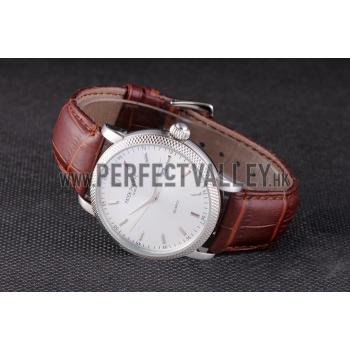 Replica Patek Philippe Calatrava Stainless Steel Ribbed Bezel Brown Leather Bracelet 801429