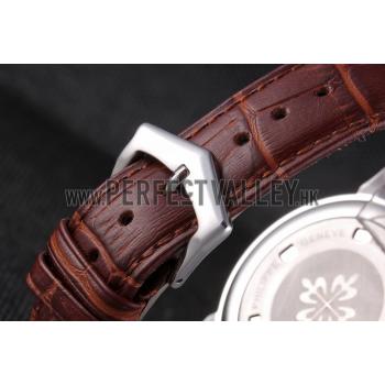 Replica Patek Philippe Calatrava Stainless Steel Ribbed Bezel Brown Leather Bracelet 801429