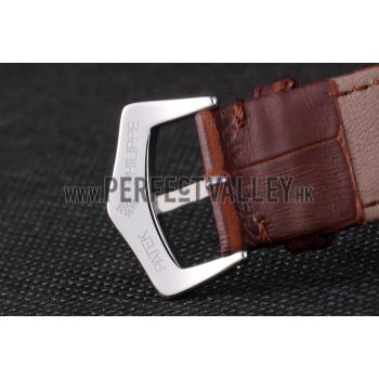 Replica Patek Philippe Calatrava Stainless Steel Ribbed Bezel Brown Leather Bracelet 801429