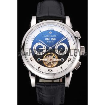 Patek Philippe Perpetual Calendar Tourbillon Two Tone Dial Stainless Steel Case Black Leather Strap