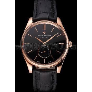 Patek Philippe Calatrava Date Black Dial Rose Gold Case Black Leather Strap