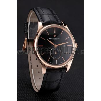 Patek Philippe Calatrava Date Black Dial Rose Gold Case Black Leather Strap