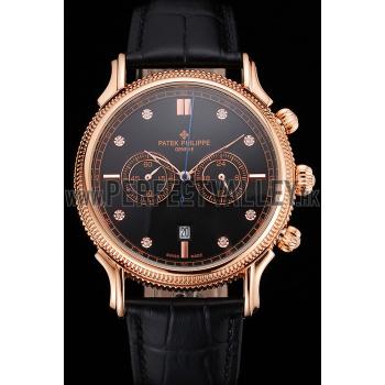 Patek Philippe Chronograph Black Dial With Diamonds Rose Gold Case Black Leather Strap