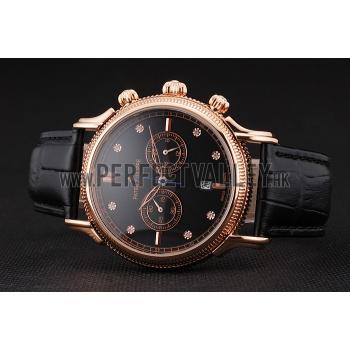 Patek Philippe Chronograph Black Dial With Diamonds Rose Gold Case Black Leather Strap