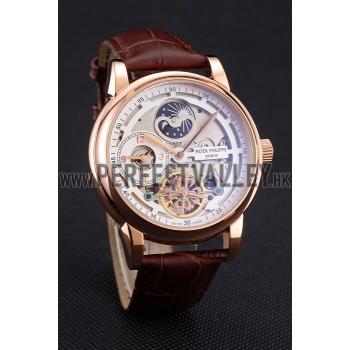 Replica Patek Philippe Dual Time Moonphase Tourbillon White Skeletonised Dial Rose Gold Case Brown Leather Strap