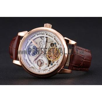 Replica Patek Philippe Dual Time Moonphase Tourbillon White Skeletonised Dial Rose Gold Case Brown Leather Strap