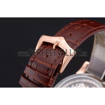 Replica Patek Philippe Dual Time Moonphase Tourbillon White Skeletonised Dial Rose Gold Case Brown Leather Strap