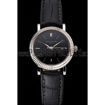 Patek Philippe Calatrava Black Dial Double Ribbed Bezel Stainless Steel Case Black Leather Strap