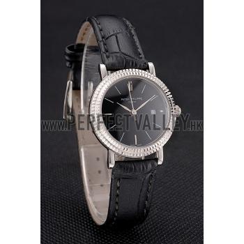 Patek Philippe Calatrava Black Dial Double Ribbed Bezel Stainless Steel Case Black Leather Strap