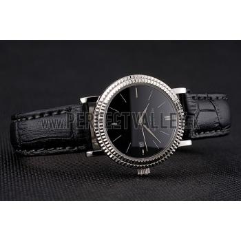 Patek Philippe Calatrava Black Dial Double Ribbed Bezel Stainless Steel Case Black Leather Strap