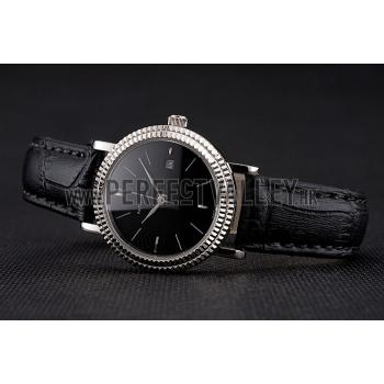 Patek Philippe Calatrava Black Dial Double Ribbed Bezel Stainless Steel Case Black Leather Strap