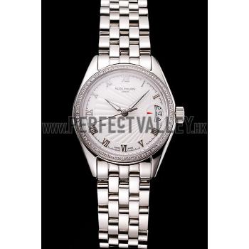 Swiss Patek Philippe Calatrava White Dial Diamond Bezel Stainless Steel Case And Bracelet