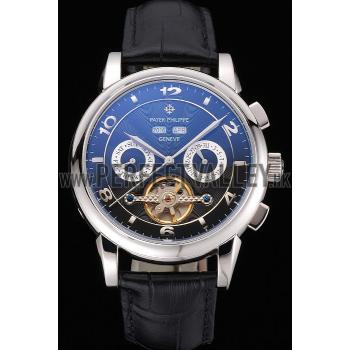 Replica Patek Philippe Perpetual Calendar Tourbillon Black Dial Stainless Steel Case Brown Leather Strap