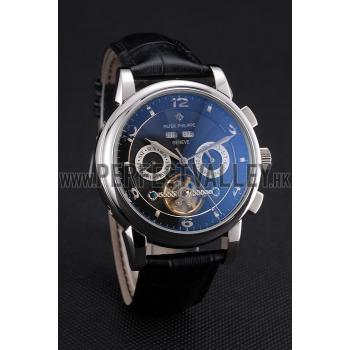 Replica Patek Philippe Perpetual Calendar Tourbillon Black Dial Stainless Steel Case Brown Leather Strap