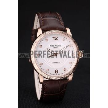 Patek Philippe Swiss Calatrava Ribbed Bezel White Dial Brown Leather Strap 7647