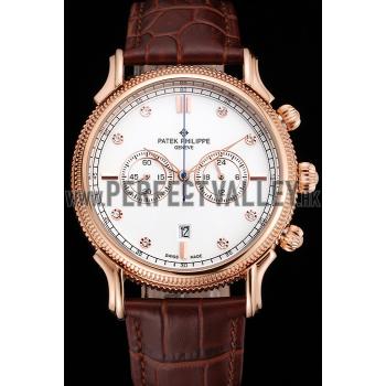 Patek Philippe Chronograph White Dial With Diamonds Rose Gold Case Brown Leather Strap Replica