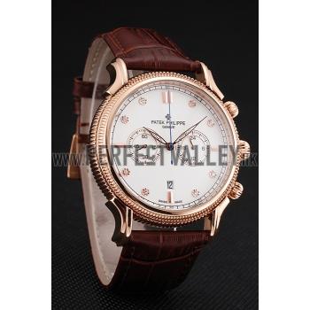 Patek Philippe Chronograph White Dial With Diamonds Rose Gold Case Brown Leather Strap Replica