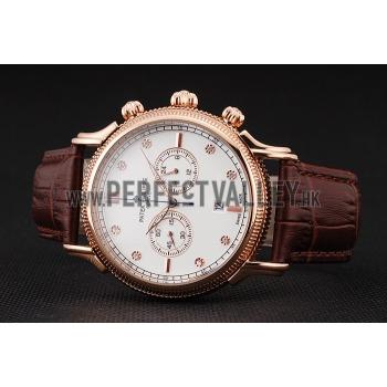 Patek Philippe Chronograph White Dial With Diamonds Rose Gold Case Brown Leather Strap Replica