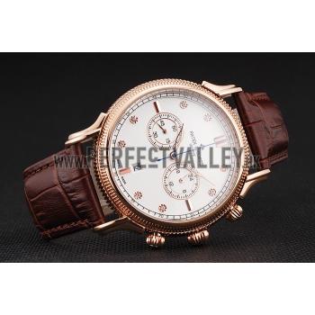 Patek Philippe Chronograph White Dial With Diamonds Rose Gold Case Brown Leather Strap Replica