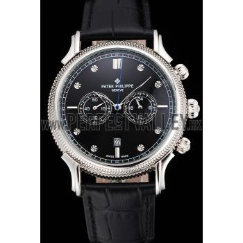 Patek Philippe Chronograph Black Dial With Diamonds Stainless Steel Case Black Leather Strap