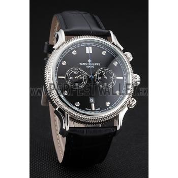 Patek Philippe Chronograph Black Dial With Diamonds Stainless Steel Case Black Leather Strap