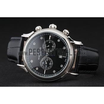 Patek Philippe Chronograph Black Dial With Diamonds Stainless Steel Case Black Leather Strap