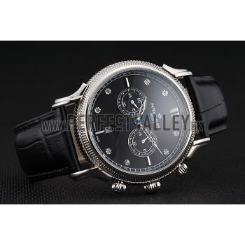 Patek Philippe Chronograph Black Dial With Diamonds Stainless Steel Case Black Leather Strap