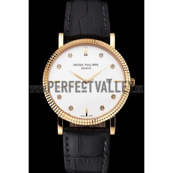 Patek Philippe Calatrava White Dial Diamond Hour Marks Ribbed Bezel Gold Case Black Leather Strap