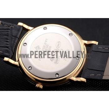 Patek Philippe Calatrava White Dial Diamond Hour Marks Ribbed Bezel Gold Case Black Leather Strap