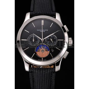 Patek Philippe Chronograph Black Dial Stainless Steel Case Black Leather Strap HM02288