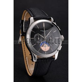 Patek Philippe Chronograph Black Dial Stainless Steel Case Black Leather Strap HM02288