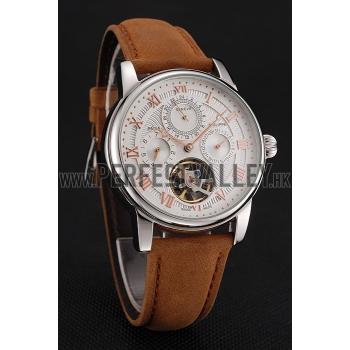 Patek Philippe Grand Complications Day Date Tourbillon White Dial Rose Gold Numerals Stainless Steel Case Brown Suede Leather Strap 1453818 EY