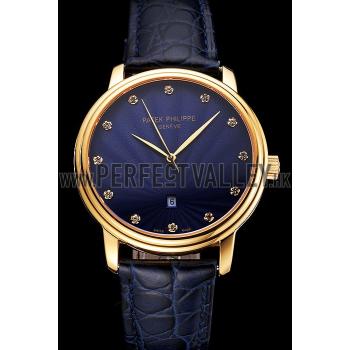 Replica Patek Philippe Calatrava Date Blue Guilloche Dial Gold Case Blue Leather Strap